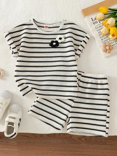 Young Girl' Floral Jacquard Striped Knit Top And Matching Minimalist Shorts Set