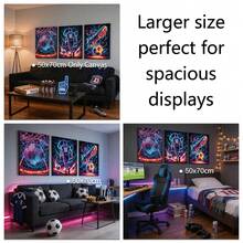 Set di 3 pezzi di arte da parete in tela con tema calcio al neon, stampe vibranti di fuoco e fulmini, decorazione sportiva moderna per sala giochi, camera da letto e stanza degli uomini, con cornice opzionale - Multicolore - Visualizzare 4