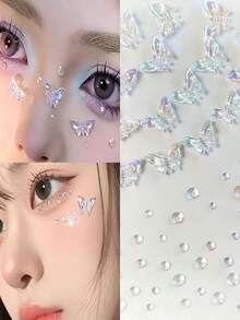 1 Set de Pegatinas de Joyería con Diamantes, Pegatinas de Mariposa 3D + Pegatinas de Cristal Plano para Maquillaje de Ojos, Joyería Facial, Decoración de Rhinestone, Look de Concierto, Gemas Faciales - Multicolor - Ver 1