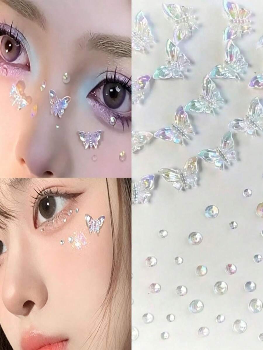 1 Set de Pegatinas de Joyería con Diamantes, Pegatinas de Mariposa 3D + Pegatinas de Cristal Plano para Maquillaje de Ojos, Joyería Facial, Decoración de Rhinestone, Look de Concierto, Gemas Faciales - Multicolor - Ver 1