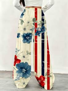 Floral And Stripe Pattern Wide Leg Pants With Elastic Waistband Suitable For Casual And Sport Activities - 白色 - 查看 2