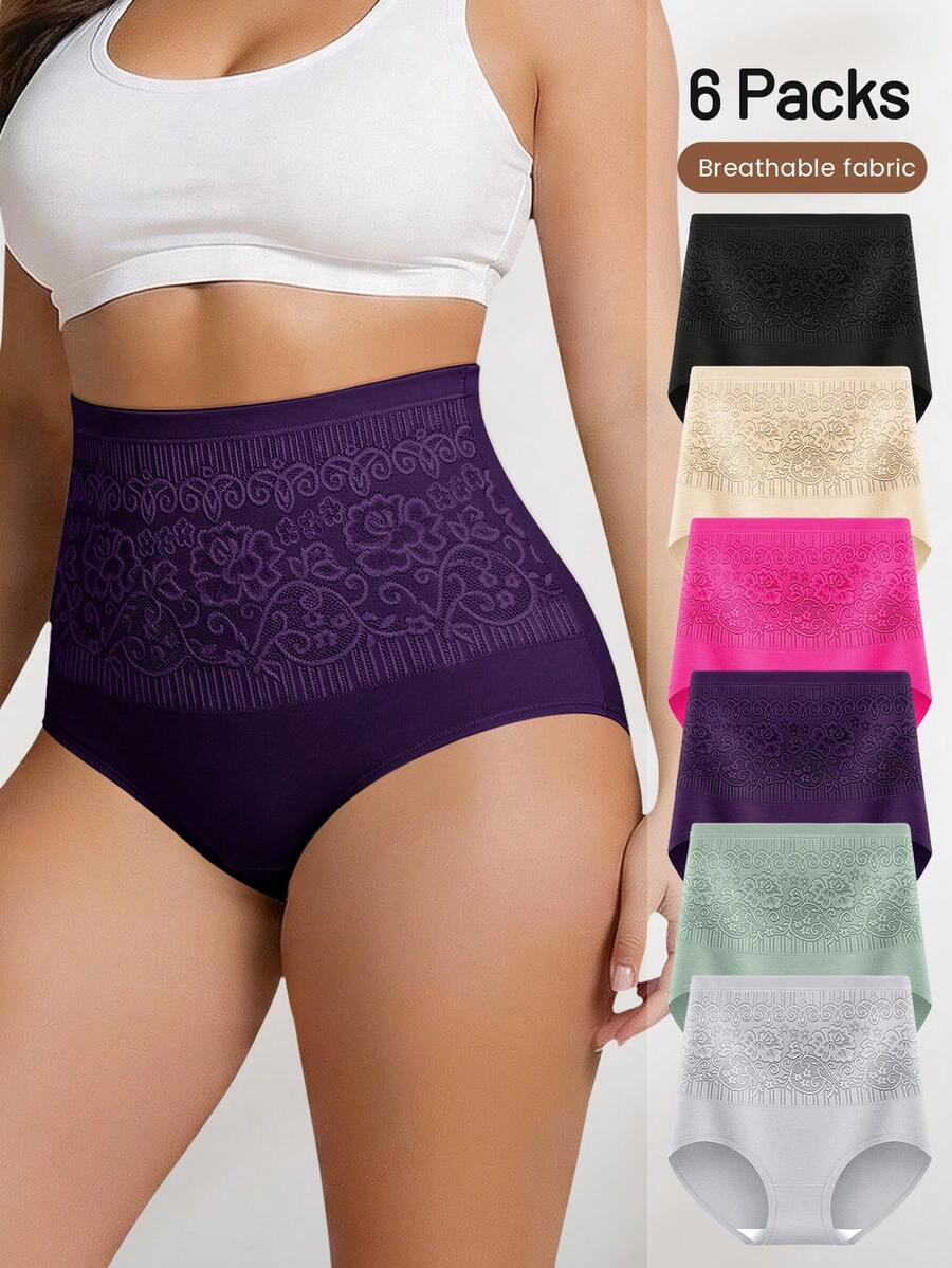 6 Packs Plus Size Women Lace Patchwork High Waist Breathable Triangle Panties
