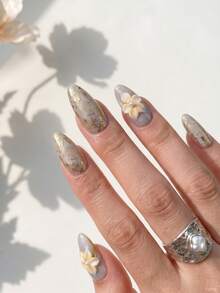 NAILS BASE 10件組 粉色杏仁形長款法式漸層漸變假指甲，附玫瑰紅花朵、杏仁形甲片，適合辦公室中性亮麗風，日系手工穿戴甲，適合會議與專業造型，節日裝飾假指甲，附1個迷你指甲锉與1張黏貼片，女性女孩禮物，立體雕花假指甲，手指穿戴飾品 - 彩色 - 查看 2