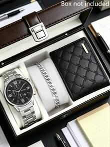 3 Peças Conjunto de Luxo Empresarial Masculino, Incluindo 1 Peça Relógio de Quartzo com Pulseira de Aço Preto Multifuncional GENEVA, 1 Peça Pulseira de Corrente Grossa de Prata e 1 Peça Carteira de Couro Preto Estampado. Design Elegante e da Moda, Adequado para Usar com Ternos, Viagens Diárias e Passeios Casuais. - Prata - Visão 5