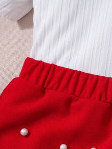 2pcs/Set Young Girls' White Ribbed Ruffle Trim Short Sleeve Top And Red Beaded Skort Outfit, Cute Sweet Summer Clothing - Red - View 7