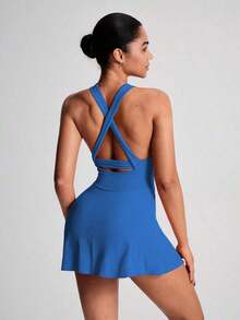 TCVC Vestido deportivo de tirantes para mujer, vestido de tenis de cuello redondo con pantalón corto de con espalda de tirantes cruzados, de tela suave y ajustada, para deportes y yoga en interiores/exteriores, negro de verano - azul real - Ver 2