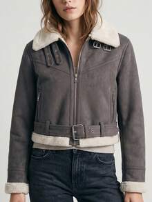 Women's Suede Jacket, Winter Jacket With Belt, Fashionable, Versatile, Elegant, Cold Weather - Gris - Ver 3