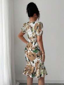 Vestido de mujer de cuello cuadrado de manga corta con estampado aleatorio - Amarillo - Ver 8