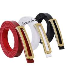 Set Of 3 Fashionable Women's Belts With Gold Buckle - Hitam, Putih, Merah Marun - View 3