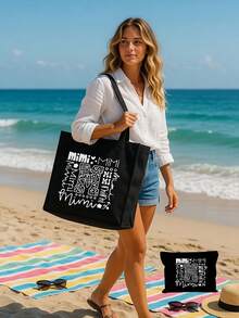 Black Linen Tote Bag With Black Mini Pouch, Mimi Letter Art Black Linen Shoulder Bag, Tote Bag, Storage Pouch, Handbag, Organizer Bag, Suitable For Women, Girls, Teens, Ladies, Students, Picnic, Shopping, Travel, Beach, Holiday, Office, School Daily Use - Reusable Linen Casual Fashion Accessory, Multifunctional Storage Pouch, Personalized Creative Gift, High Quality, Durable, Lightweight - Multicolor - View 1