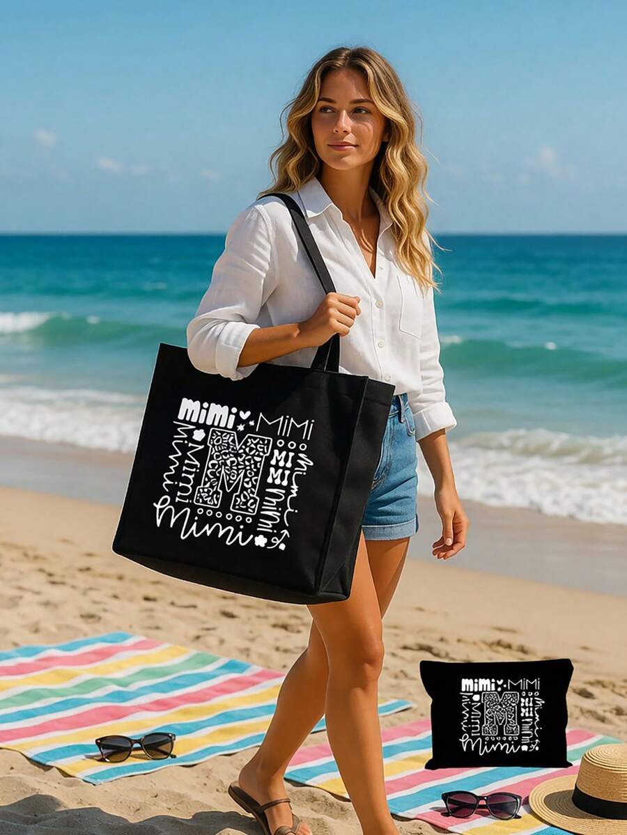 Black Linen Tote Bag With Black Mini Pouch, Mimi Letter Art Black Linen Shoulder Bag, Tote Bag, Storage Pouch, Handbag, Organizer Bag, Suitable For Women, Girls, Teens, Ladies, Students, Picnic, Shopping, Travel, Beach, Holiday, Office, School Daily Use - Reusable Linen Casual Fashion Accessory, Multifunctional Storage Pouch, Personalized Creative Gift, High Quality, Durable, Lightweight - Multicolor - View 1