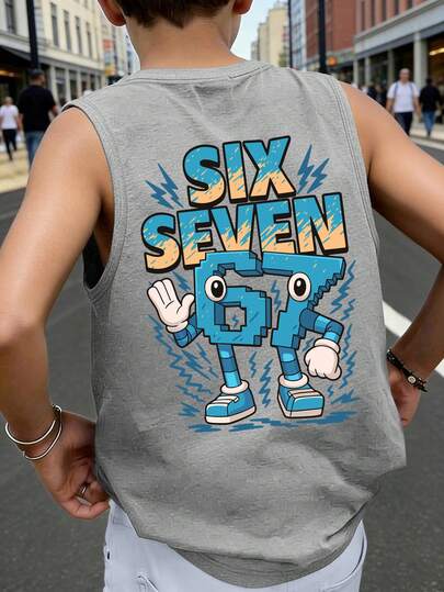 青少年男童无袖印花背心，印有像素卡通数字“67”、标语“SIX SEVEN”和闪电图案，休闲宽松版型，适合返校、游戏、休闲场合和夏季穿着。