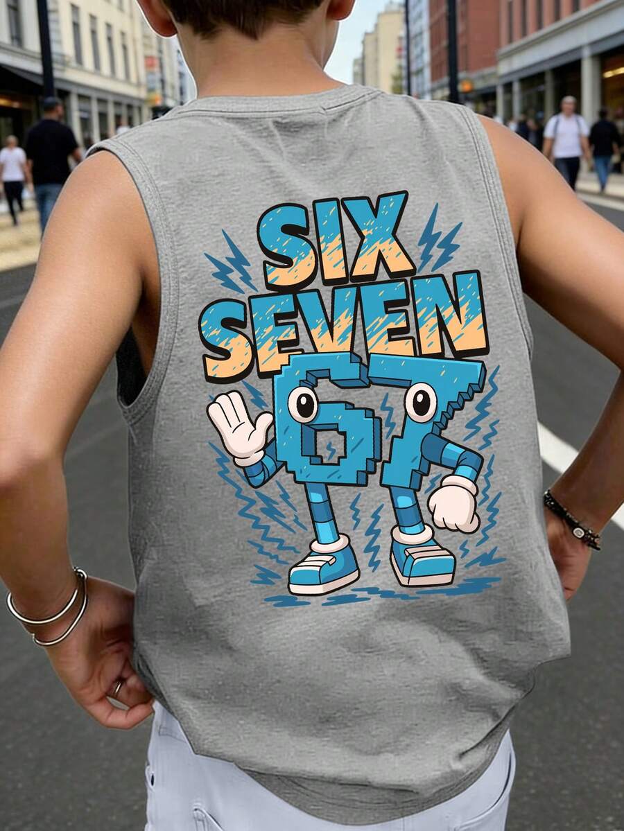 青少年男童无袖印花背心,印有像素卡通数字“67”、标语“SIX SEVEN”和闪电图案,休闲宽松版型,适合返校、游戏、休闲场合和夏季穿着。 - 灰色 - 查看 1