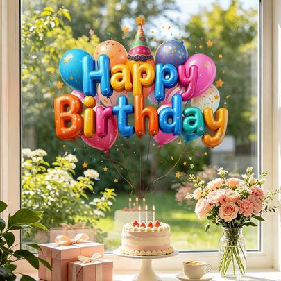 1/2 pièces Stickers de fenêtre de ballons joyeux anniversaire : Designs de ballons colorés et de chapeaux de fête, stickers de verre amovibles sans colle, convient pour les décorations de fête d'anniversaire à la maison.
