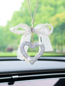 Colgante de espejo retrovisor de coche con lazo de cinta de gasa, corazón de strass - Amar - Ver 4