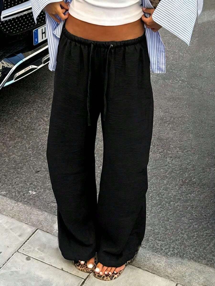 Women Linen Pants Elastic Waist Drawstring Loose Fit Breathable Wide Leg Casual Summer Pants - 黑色 - 查看 1