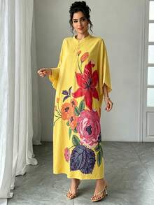一件装女士阿拉伯长袍连衣裙，黄色印花，立领，单排扣，插肩袖，宽松长款休闲连衣裙，优雅阿拉伯长袍，奢华节日晚礼服，阿拉伯女装春季长袍 - 黃色 - 查看 4