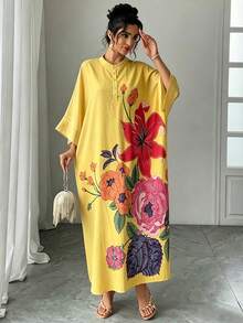 一件装女士阿拉伯长袍连衣裙，黄色印花，立领，单排扣，插肩袖，宽松长款休闲连衣裙，优雅阿拉伯长袍，奢华节日晚礼服，阿拉伯女装春季长袍 - 黃色 - 查看 5