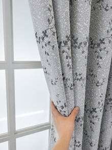 1pc Gray Leaf Striped UV-Resistant Polyester Curtain, Rod Pocket Hanging, Non-Bleachable Plain Weave, Bedroom Art Theme, Heat Insulation Semi-Blackout, Noise Reduction - Ideal For Bedroom, Farmhouse And School For Deep Sleep (280g Fabric Weight) - 1PC - View 1