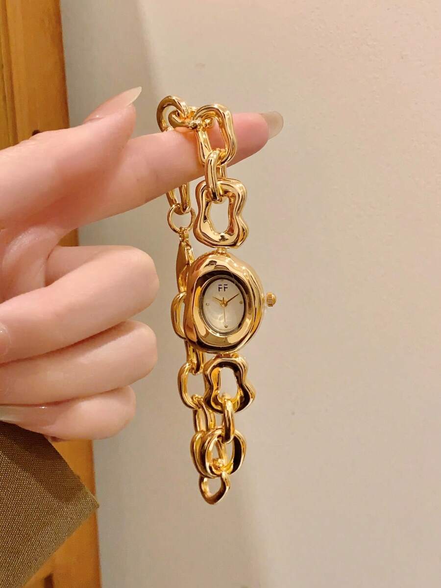 1件装女士金色合金不对称手镯腕表，时尚阿拉伯数字表盘，石英机芯，可调节表带，适合日常佩戴和节日送礼 - 金色 - 查看 1