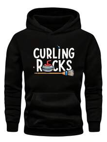 1pc Men'S Black Hoodie 80% 20% Curling Rocks Design Casual Geometric Pattern Long E Non Stretch Fabric Hooded Sweatshirt Breathable Crew Street Style Sweatfor Daily Wear Casual Outings - 黑色 - 查看 6