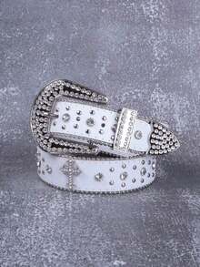 Crystal & Rhinestones Embellished Metal Western Cowboy Style Belt, Fashion Street Style, Christmas Gift Summer, School Fall, Autumn, Halloween - 白色 - 查看 6