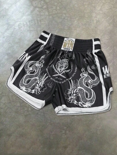 Pantalones cortos de Muay Thai con estampado en blanco y negro de dragón y tigre con totem estilo chino, pantalones cortos de entrenamiento de artes marciales sueltos y transpirables para verano