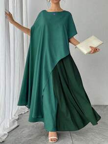 2pcs Women's Set, Purple Round Neck Raglan Sleeve Irregular Top + Contrast Blue Elastic Waist Skirt, Elegant Luxury Arabic Style Outfit, Suitable For Birthday, Formal Evening, Party, Date, New Year And Other Occasions - Green - View 6