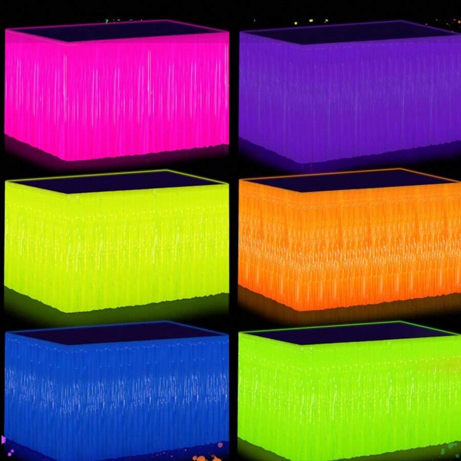 Glow Party Supplies, Neon Party Decorations Luminous Macaron Purple-Red Wavy Metallic Foil Tassel Table Skirt, Suitable For Glow Party, Birthday Decoration - Multicolor - View 1