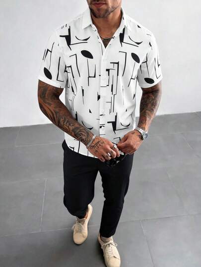 GloMan Men's Geometric Print Short Sleeve Shirt Set. Comfortable Casual Outfit. Suitable For Hawaii Beach Vacation, Daily Wear, Going Out, Social Gatherings. A Fashionable Shirt Set Suitable As A Gift For Boyfriend Or Husband. Suitable For Vacation, Beach, Etc.