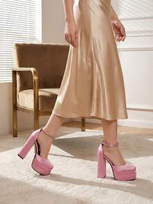 Women's 6 Inch Chunky Platform Heels Satin Square Toe Pumps With Rhinestone Ankle Strap, Block High Heel Mary Jane Shoes For Party Prom Wedding - 粉色 - 查看 2