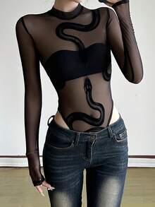 2026 Snake Print Mesh Bodysuit Sexy Snake Print Mesh Patchwork Long Sleeve Bodysuit Sheer See Through Slim Fit Going Out Top - 黑色 - 查看 3