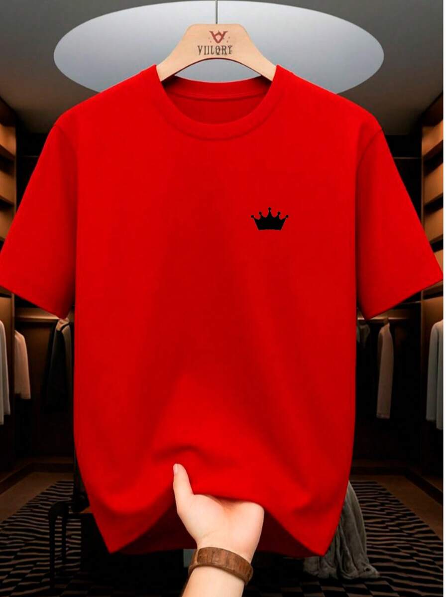 Men's Unisex Printed Shirt With Crew Neck, 100% Cotton - 紅色 - 查看 1