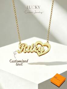 1pc Customized Double-Layer Welded Letter Name Necklace, Unisex Large Heart-Shaped Pendant On Thick Curb Chain, Minimalist Daily Style, Keychain, Gift For Boyfriend, Girlfriend, Parents, Family, Friends, Pets, Grandparents, Son, Daughter, Suitable For Anniversary, Birthday, Daily Wear, Prom, Father's Day, Mother's Day, Valentine's Day, Graduation, Wedding, Personalized Engraved Necklace, Unique Autumn Style - Gold - View 1
