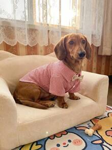 1 pieza Camisa con corbata de moño a rayas de verano ligera para perros pequeños, ropa para mascotas tipo Poodle Teddy - Rojo y blanco - Ver 7