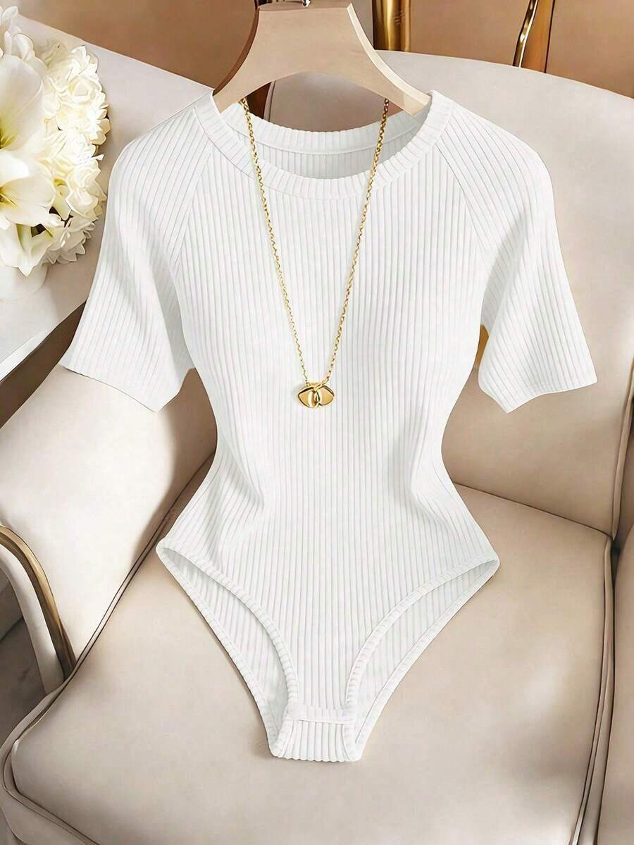 Body entero elegante casual nueva  2026 cuello redondo manga corta punto canalé ceñido básico mujer uso diario primavera otoño - Blanco - Ver 1