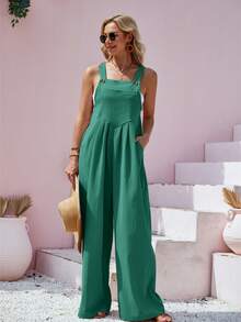 Women's Casual Solid Color Button Strap Wide Leg Jumpsuit, Spring/Summer Elegant - Mint Green - View 6