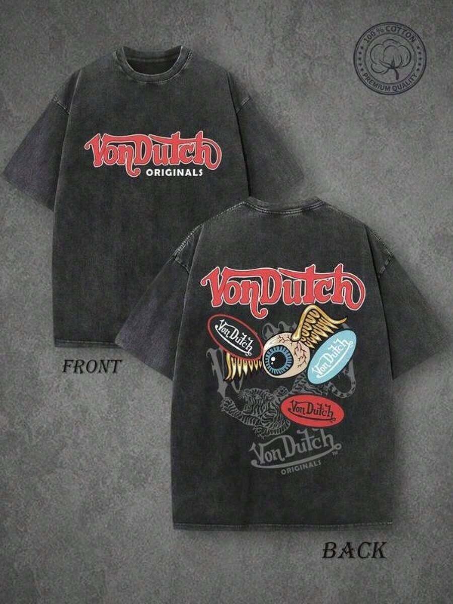 Vons Dutchs Originals Double-Sided Print Washed T-Shirt, Flying Eyeball & Tiger Retro Kustom Kulture Graphic Tee, Premium Cotton Vintage Streetwear, High Quality T-Shirt, Classic Washed Shirt, Wasummer Outfits For Womenmens Clothes Graphic Tees - màu đen - Xem 1