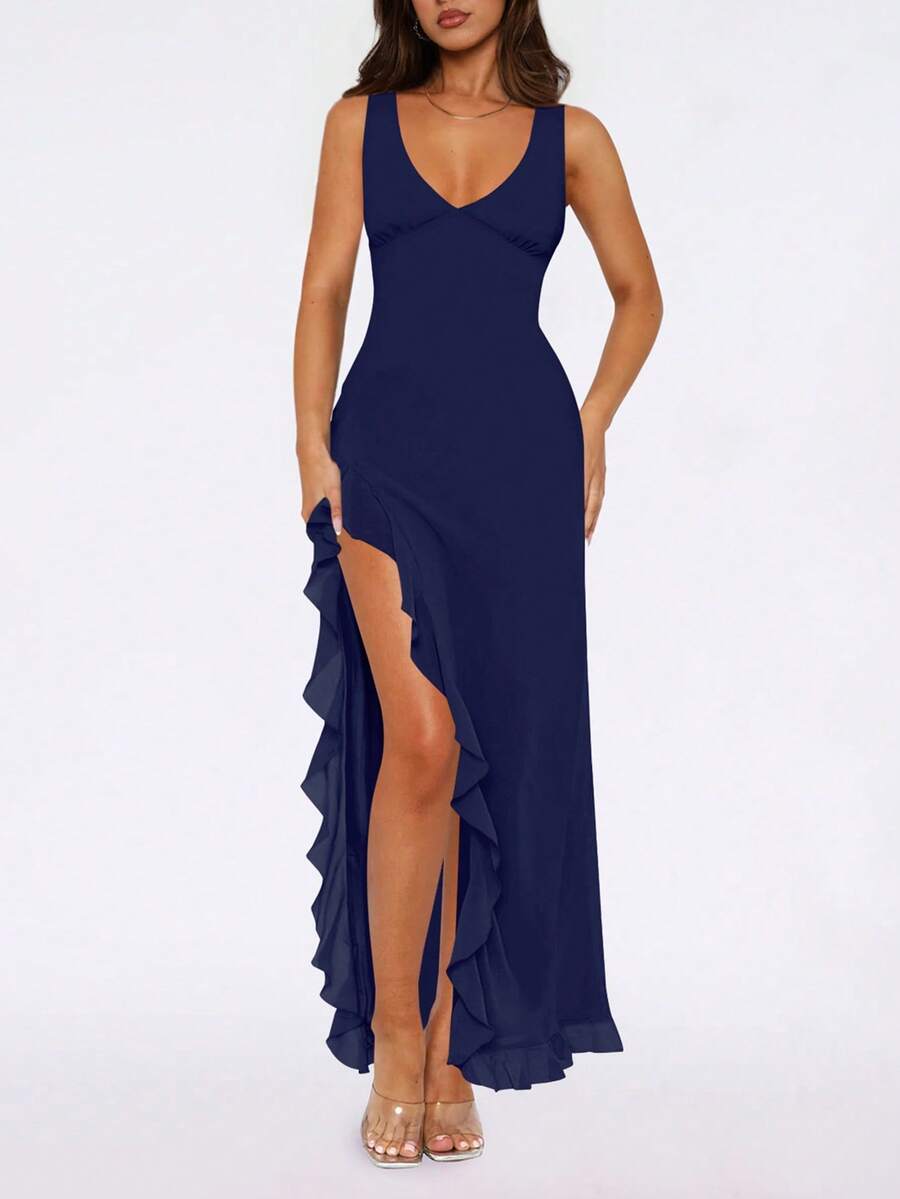 Vestido de fiesta de estilo europeo y americano con volantes en el bajo, vestido de noche versátil para boda y primavera - Azul Marino - Ver 1