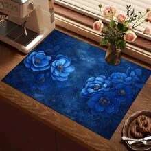 1pc Blue Floral Print Absorbent Mat/Drying Mat For Coffee Maker, Dishes - Polyester Absorbent Desktop Protective Mat With Rubber Anti-Slip Pad, For Kitchen Counter Decor, Home Bar And Dining Table - Multicolor - View 1