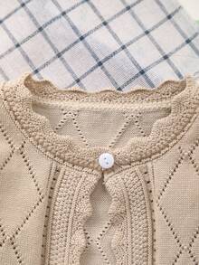 Girls' Spring Elegant Hollow Design Argyle Pattern + Lace Trim Knit Cardigan, Soft And Sweet, Suitable For Daily Wear Or Outings - Khaki - View 2