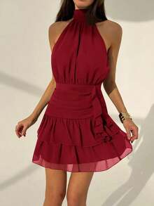 Vestido mini elegante de mujer con cuello halter, volantes en el bajo y cintura ceñida, unicolor, adecuado para el Día de San Valentín, citas y fiestas - Rojo - Ver 6