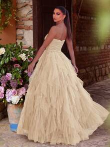 Romantic Strapless Bridal Dress, Layered Ruffle Tulle Skirt, A-Line Silhouette, Suitable For Classic Weddings, Graduations, Galas - Apricot - View 3