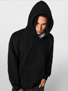 1PC Men's Black Solid Color Drop Shoulder Long Sleeve Drawstring Pocket Casual Hoodie, Autumn/Winter, Suitable For Work, Daily Office Sports, And As A Gift For Husbands And Boyfriend - Black - View 4