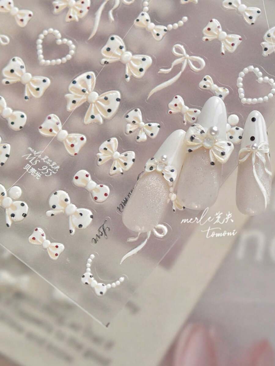 1pc 3D Cute Laser White Black Red Polka Dot Bow Nail Art Stickers, High Quality Elegant Nail Decor Design, Shiny DIY Nail Decoration - Multicolor - View 1