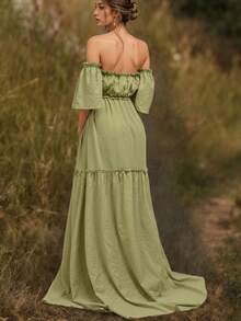 Green Maternity Off Shoulder Layered Short Sleeve Chiffon Dress With Ruffled Hem, Suitable For Special Occasions Like Lawn, Beach, Garden - Green - View 2