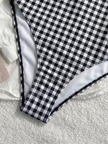 Nuevo traje de baño de una pieza elegante y sexy con rayas, encaje, volantes, lazo en el busto y tirantes desmontables para playa, fiesta en la piscina, vacaciones de verano - Blanco y Negro - Ver 7