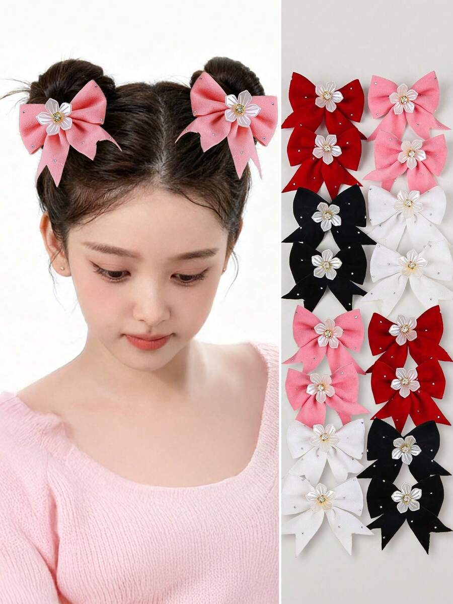 8pcs/Set Girls Plush Rhinestone Bow Hair Clips, Cute Hair Accessories Barrettes For Daily Use, Pink/White/Red - Multicolor - View 1
