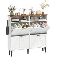HOMCOM Shoe Storage Cabinet With 4 Flip Drawers, Farmhouse Narrow Shoe Cabinet With Adjustable Shelves, Open Shelves, Hooks For Entryway, Hallway, Holds Up To 24 Pairs, White - White - View 10