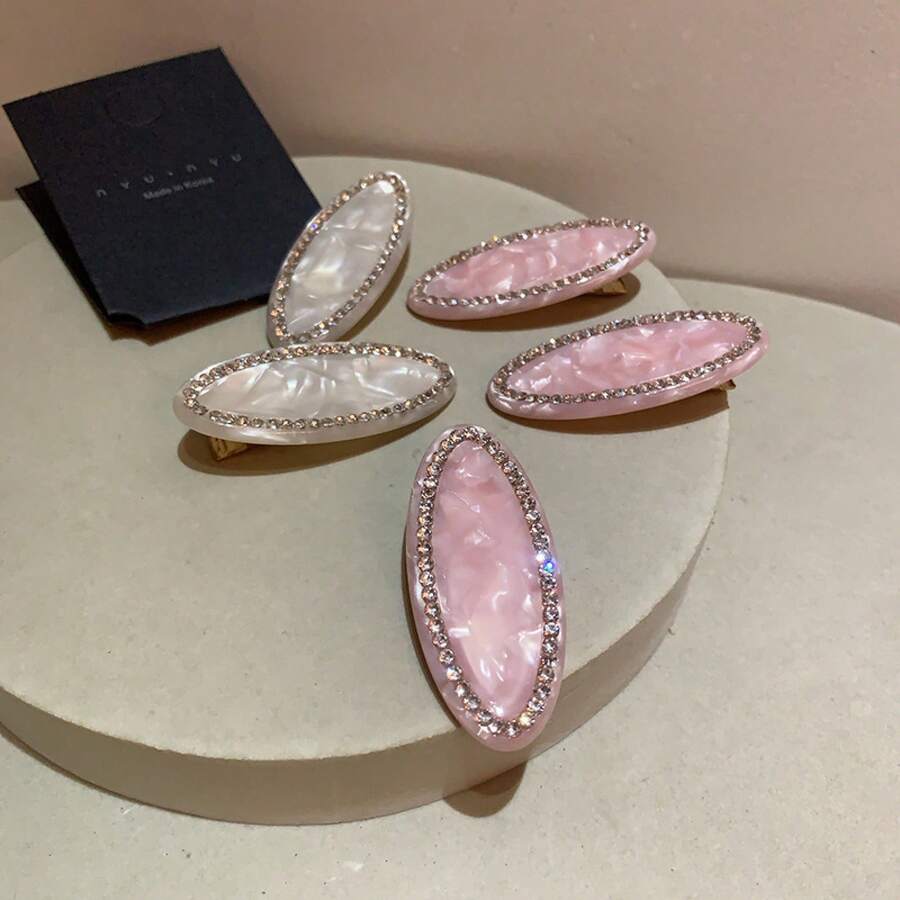 韓国の新作ラインストーン付きピンクの楕円形ダックビルヘアクリップ、甘くておしゃれな前髪クリップ、サイドクリップ、女性用ヘアアクセサリー - ピンク - チェックする 1